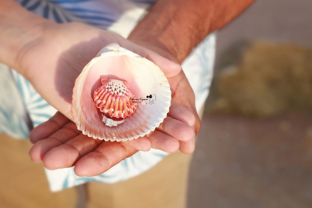 Engaged couple on the beach at Washington Oaks Gardens.